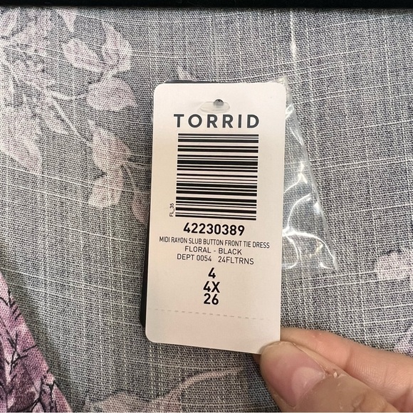 Torrid Dress Midi Rayon Slub Button Front Tie Black Pink Floral Plus Size 4X NEW - Picture 7 of 15